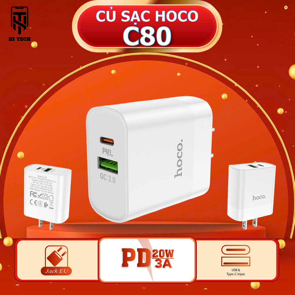 Củ sạc nhanh, củ sạc 20W hoco C80, 2 cổng USB và Type C, tương thích với tất cả các dòng điện thoại, chân cắm dẹp EU.