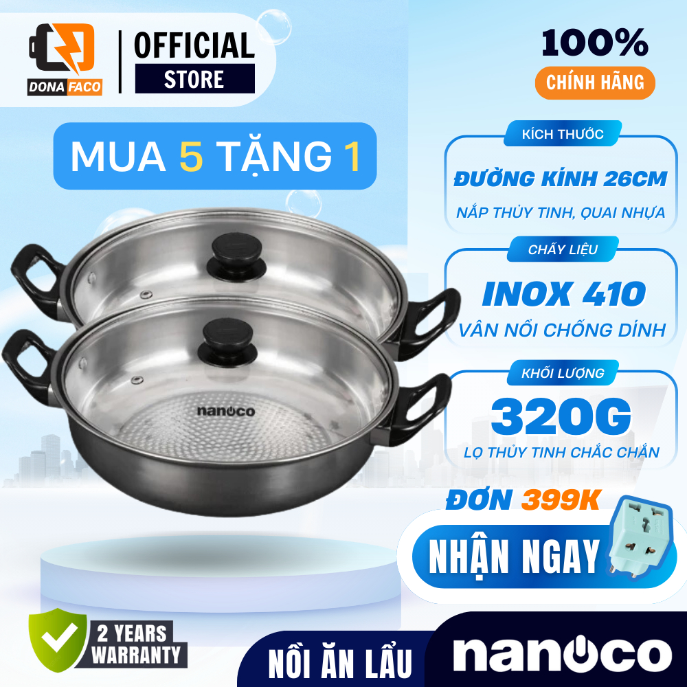 Nồi inox ăn lẩu nấu súp nắp thủy tinh cao cấp quai nhựa đế vân nổi nấu không bị khê Nanoco NCWY320