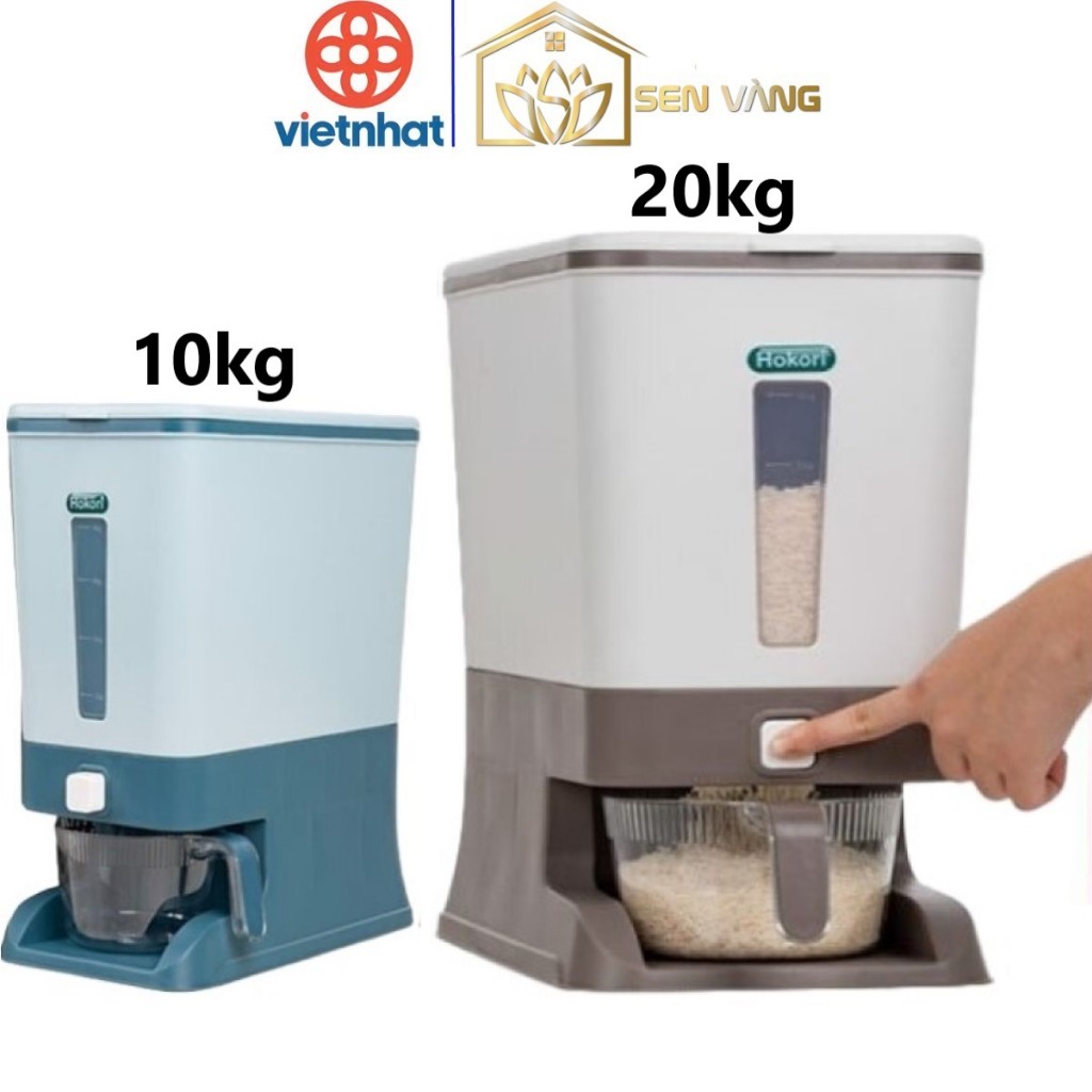 Thùng đựng gạo thông minh HOKORI nhựa VIỆT NHẬT cao cấp - 10kg, 20kg, ca đong, ấn nút lấy gạo 5338/9