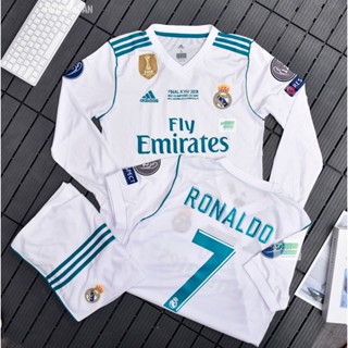 Bộ Quần Áo Bóng Đá dài tay CLB Real madrid Màu Trắng Xanh 2017/18 - Đồ đá banh màu trắng cao cấp