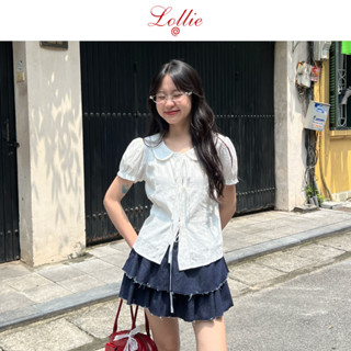 LOLLIE STUDIO - Áo sơ mi cộc tay trắng cổ sen thô thêu đũi mềm mại buộc nơ Molly Top TKA402 thiết kế cao cấp dễ thương