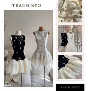 Đầm Váy Tiểu Thư Dạ Tiệc Phối Tơ Trang Kyo Váy Nhung The Liền Thân Phối Voan Lưới Dáng Ngắn VBB9019