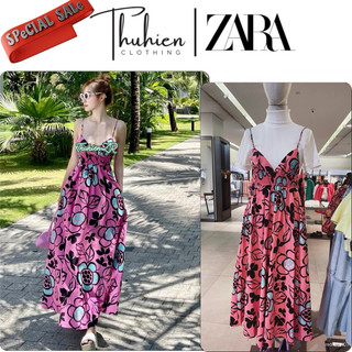 THUHIENZR(sẵn XS)Váy maxi ZARA 8342/349/630 hai dây hoạ tiết hoa lá lớn hoa hồng(kèm ảnh thật)