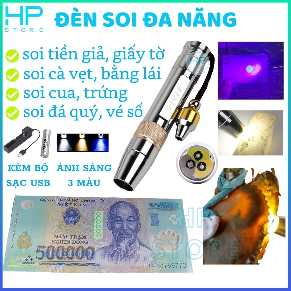 Đèn soi tiền giả, đèn soi đá quý, giấy tờ, đèn soi cua, đèn soi trứng, bằng tia UV 3 màu kèm bộ sạc