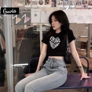 [Xả Hàng] Áo Croptop VINTAGE Cổ Tròn Tay Ngắn Ôm Body, Áo Thun Croptop Kiểu In Chất Borip GUVIA CR126