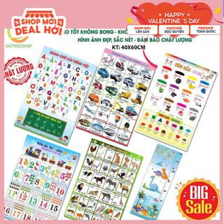   6 tờ  DECAL NHỰA DÁN TƯỜNG CHO BÉ từ 1-6T Tranh có keo sẳn: Chữ Số Xe Con Vật MS Thước 