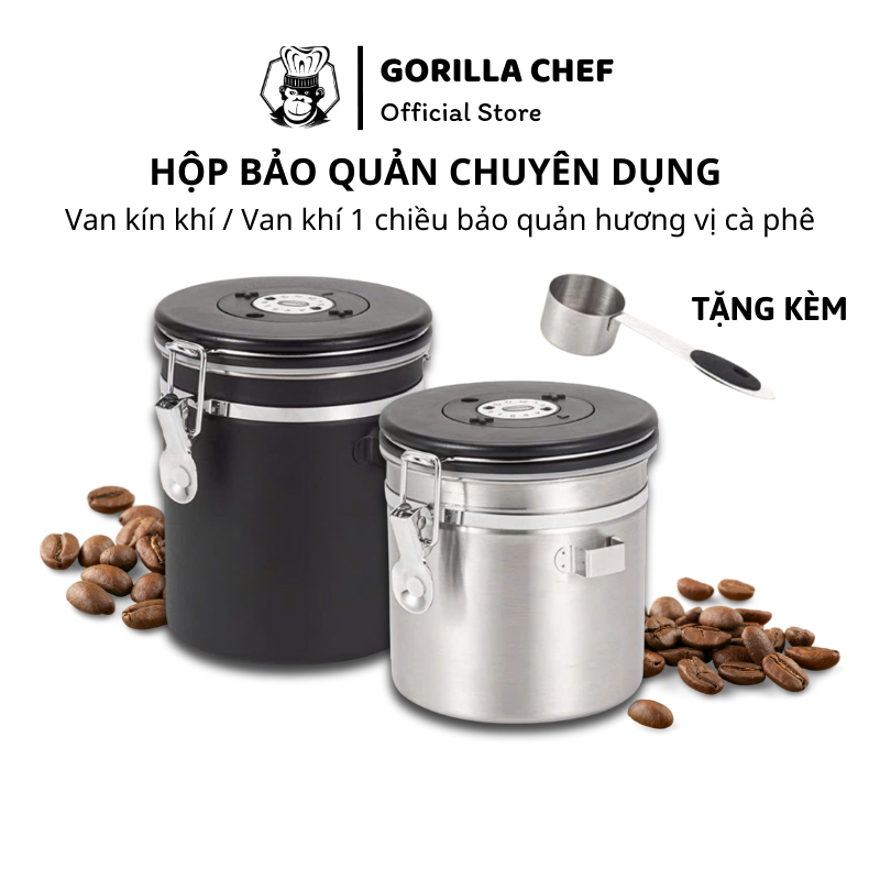 Hộp đựng cà phê chuyên dụng inox 304 Gorilla Chef tích hợp van kín khí và van xả khí 300 450 600g 