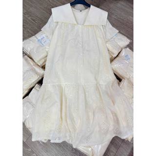  Bigsize  bầu 40-95kg Đầm thêu hoa đuôi cá cổ lá OanhLTK Váy bầu ngắn tay màu trắng kem thiết kế 
