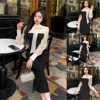 TN43-Váy thiết kế Evii dành cho nữ,Đầm thiết kế cổ V dây liền phối tơ nhăn hoạ tiết nơ nhí(tặng kèm hoa cài)dáng bút chì