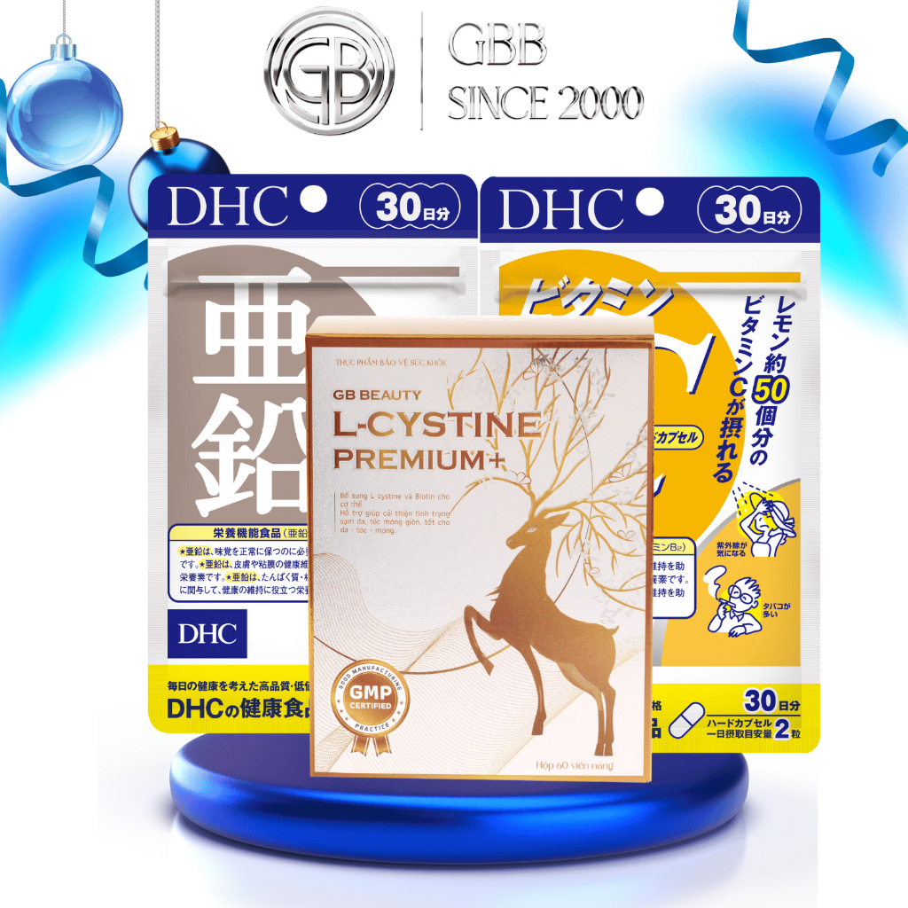 Combo uống L cystine Premium+ 60v, Kẽm DHC 30v và Vitamin C DHC 60v hỗ trợ bổ sung dưỡng chất cho tó