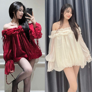 Đầm Trễ Vai Bánh Bèo Cổ Bồng Kết Nơ VEROMODA Chất Liệu Tơ Cao Cấp,MÀU ĐỎ Đẹp Quyến Rũ ,Sang Trọng