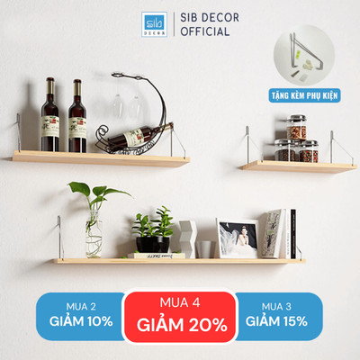 [Mua 2 giảm 10%] Kệ Gỗ Trang Trí Treo Tường Không Khoan SIB Decor, Móc Inox, Phụ Kiện Tặng Kèm KT02