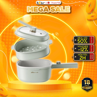 Nồi lẩu điện mini đa năng 3L Bear DRG-E30N2 (kèm khay hấp) -1000W- Lớp phủ gốm chống dính- BH 18 TH