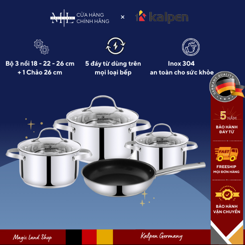 Bộ 3 Nồi Inox + Chảo Inox 304 Cao Cấp 5 Đáy  Kalpen Lermat L2pro, Truyền Nhiệt Nhanh, Bảo hành 5 năm