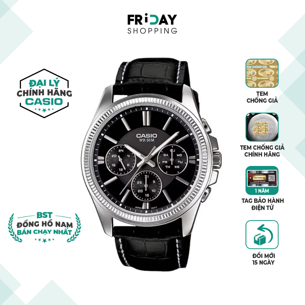 Đồng Hồ Casio Nam MTP-1375L-1AVDF Mặt Tròn Màu Đen Dây Da Chính Hãng