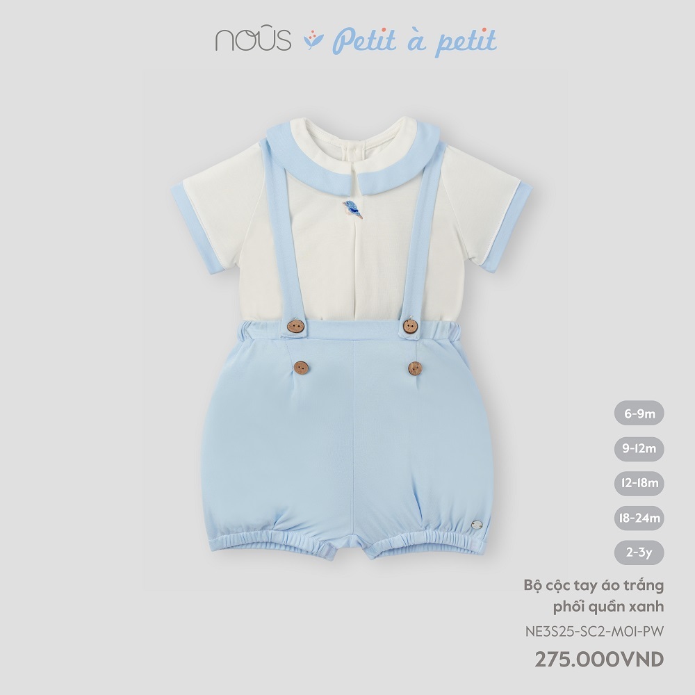 Nous Baby Bộ quần yếm kèm áo màu xanh thêu họa tiết chất liệu petit mềm mịn cho bé từ 7.5-15kg BST T2