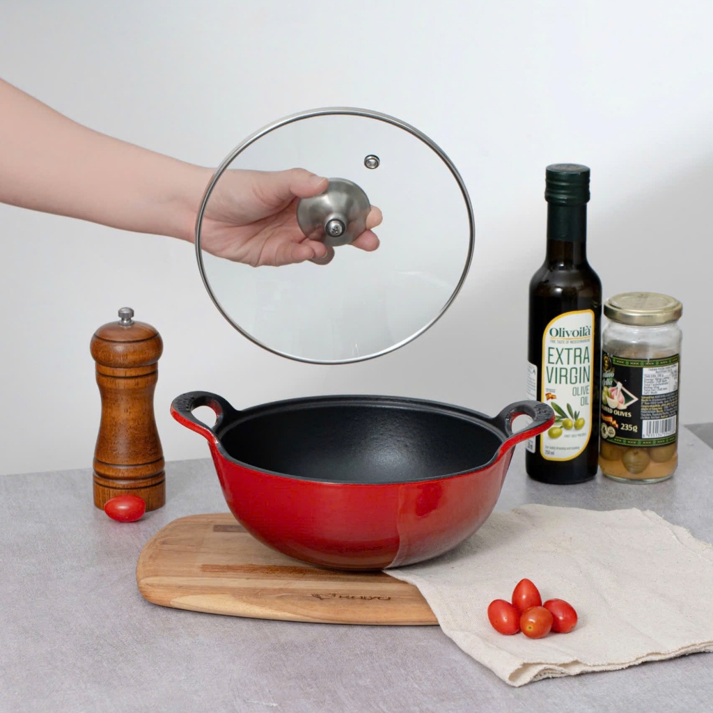 Chảo Gang Sâu Lòng Oceno Phủ Men Gốm Có Vung Kính - LARVA STORE