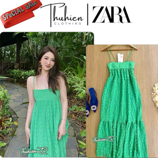 (Chính hãng size XS)Váy maxi ZARA 7385/357/500 kiểu hai dây màu xanh lá nhún(kèm ảnh thật)