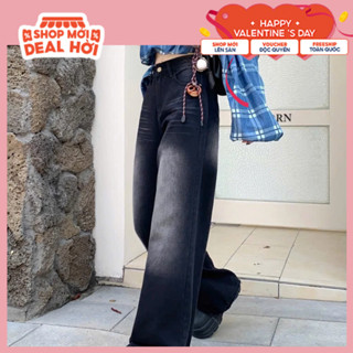 Quần Bò Ống Rộng Jean Suông Wash Dài Unisex Nữ Đen Cạp Trễ, Tôn Dáng Mặc Đi Làm Đi Chơi Đi Học