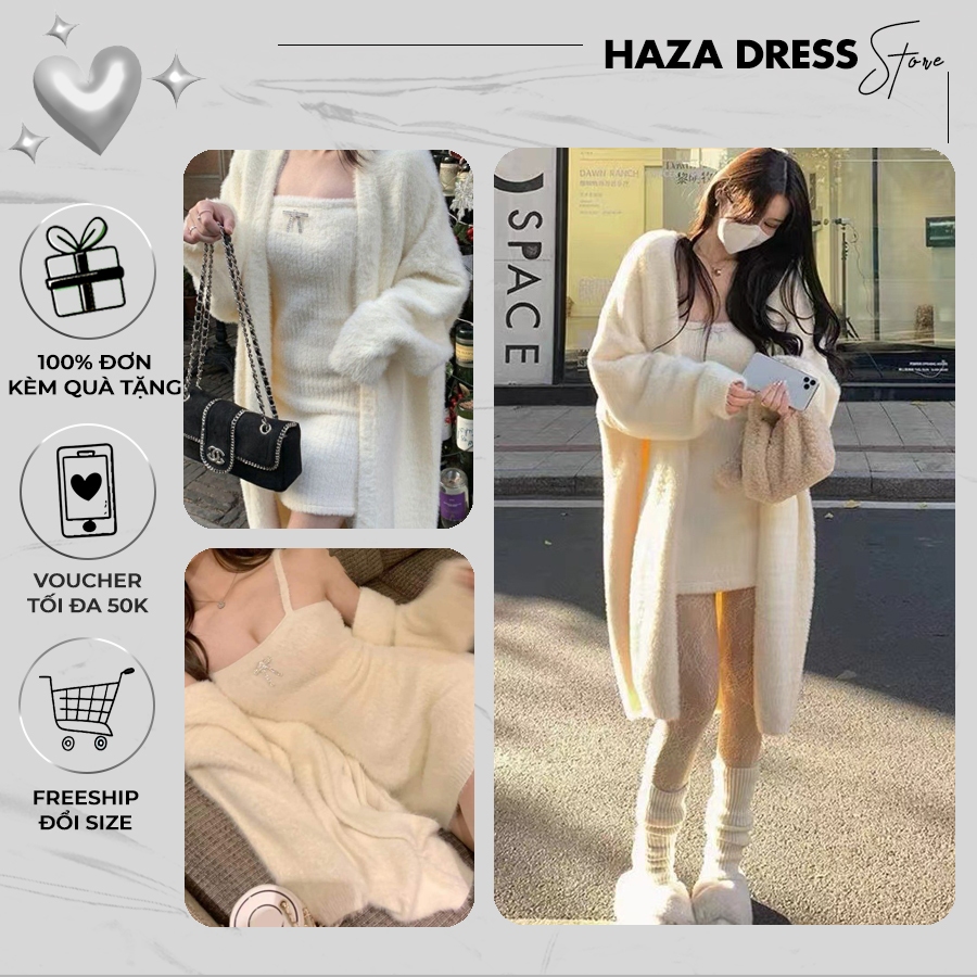 (Sẵn SG) Set váy body len lông trắng kem kèm nơ áo khoác ngoài, Váy lông body cúp ngực - LEN03