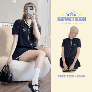 Set Váy Nữ Jumpsuit Cổ Tàu Phối Ren Thêu Nơ Xinh Xắn, Set Jumpsuit Nữ Cộc Tay Cổ Tàu Cúc Đồng Có Túi Ngực - Seventeen