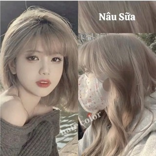 Thuốc nhuộm tóc màu NÂU TRÀ SỮA , NÂU SỮA không cần tẩy tóc-thuốc nhuộm tóc tại nhà tặng kèm oxy và găng tay