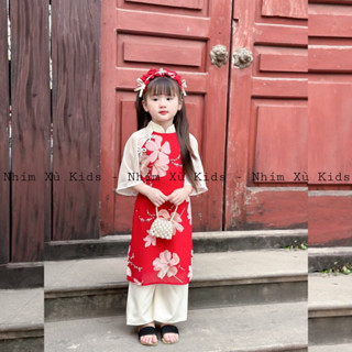 [4-28kg] Áo Dài Nơ Hoa Đỏ NHÍM XÙ KIDS Chất Lụa Mềm Mại Cho Bé Gái 2 tháng - 8 Tuổi AD149