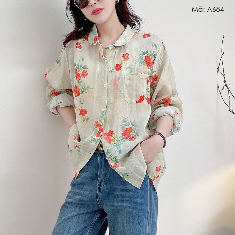 Áo sơ mi linen dài tay KAMAKA cổ pipi in hoa đỏ - A684