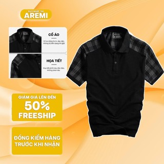 Áo polo đen nam tay ngắn cổ trụ phối caro AREMI vải cotton cá sấu co giãn 4 chiều cao cấp APL0038
