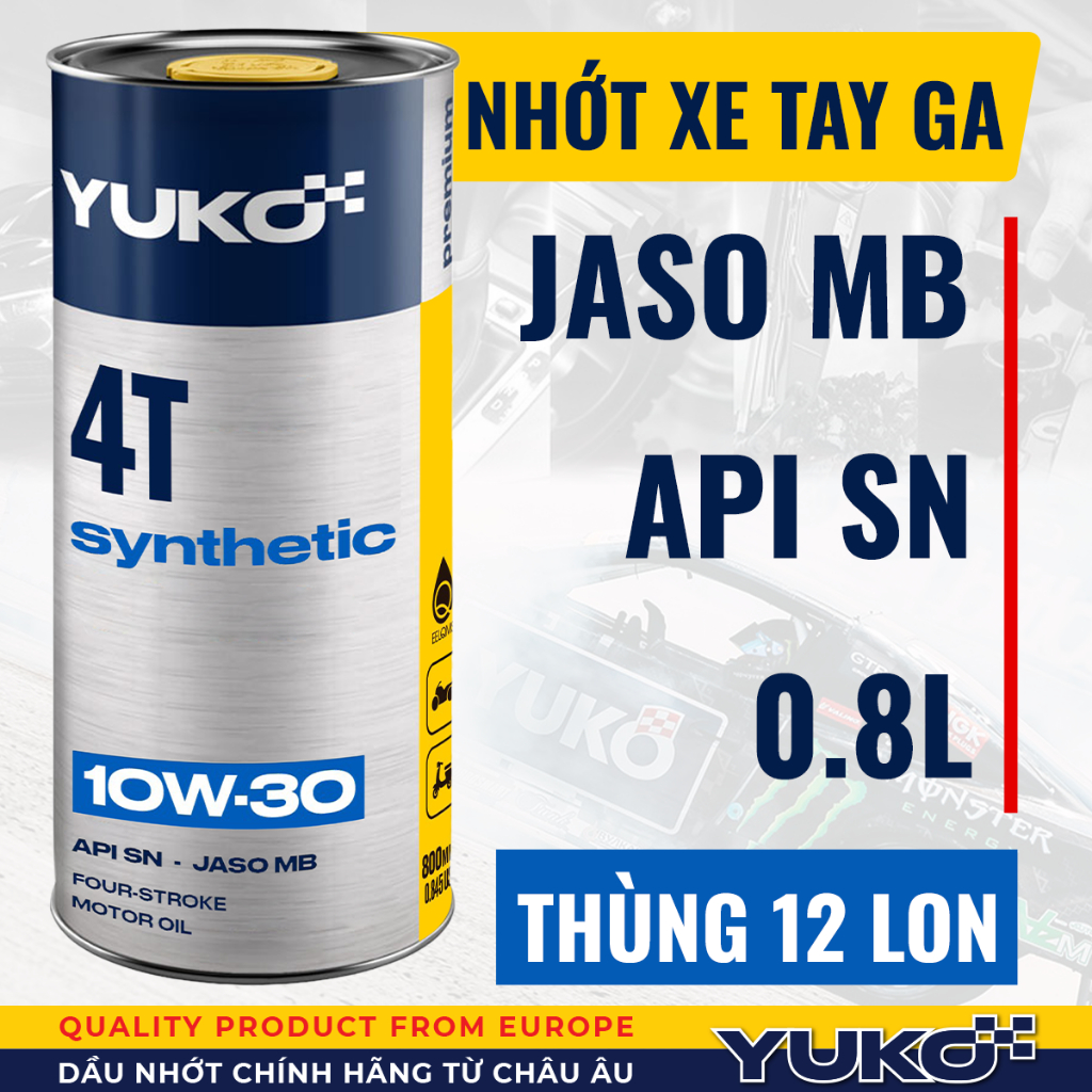 THÙNG 12 LON - Dầu nhớt xe tay ga Yuko Synthetic 10W30 SN 0.8L - Mẫu 2025 - Yuko 10w30