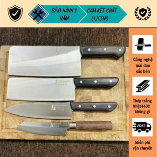 Bộ dao nhà bếp, Bộ dao thép trắng Nhật 440C cán gỗ pakka cao cấp, nhiệt luyện toàn thân dao đạt độ cứng lên tới 60HRC