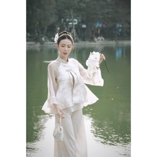  set pháp phục be kem đính nơ trung hoa kèm quần suông dáng dài tơ lụa thiết kế THUYVAN TỰ MAY LẠI LIPU 