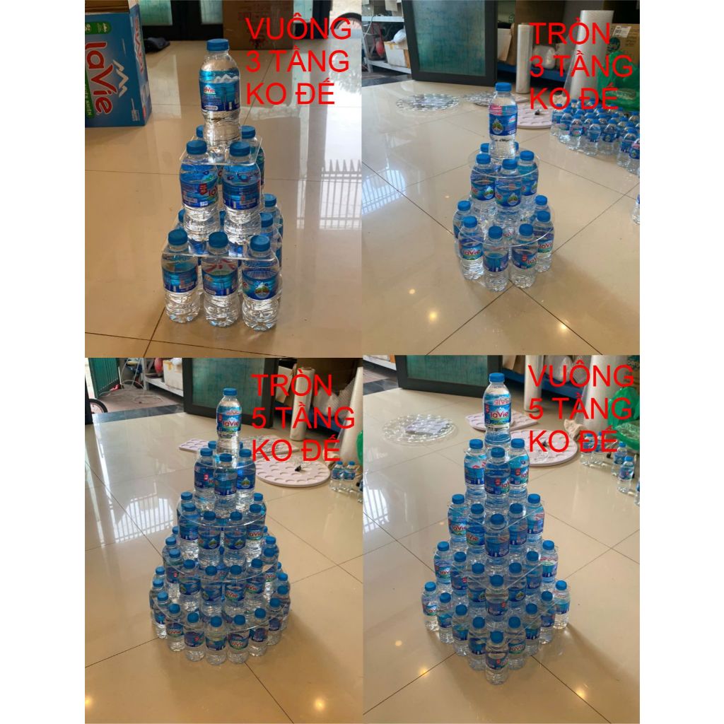khay xếp tháp nước, kệ xếp chai nước tạo hình tháp 3 tầng 5 tầng trong suốt
