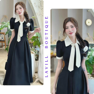 Đầm dự tiệc - Váy tiểu thư cổ sơ mi mix cà vạt hoặc đai lưng siêu sang Lavill Boutique A02