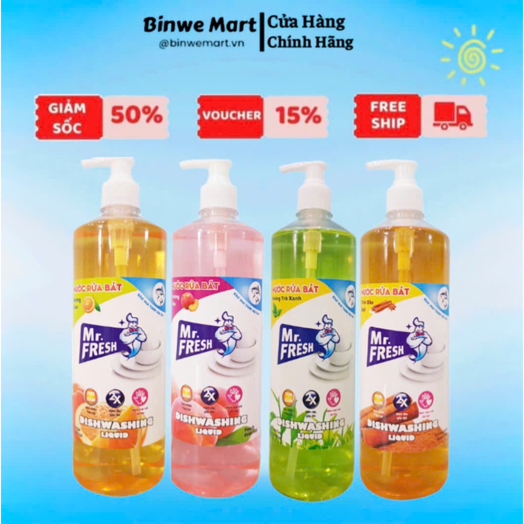 Nước rửa chén đậm đặc van nhấn Mr Fresh 800ml (Đào, Cam, Trà Xanh, Quế)