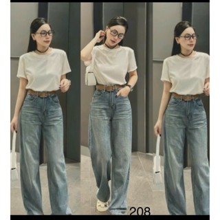 Quần jean nữ ống rộng lưng cao đai phối da hồng, Quần bò suông hack dáng chất jean mềm chuẩn fom không dãn