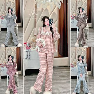 Đồ bộ nữ gấu dâu cổ vuông đồ ngủ nữ mặc nhà tay dài set pijama lụa mango tiểu thư xinh mát mềm mịn