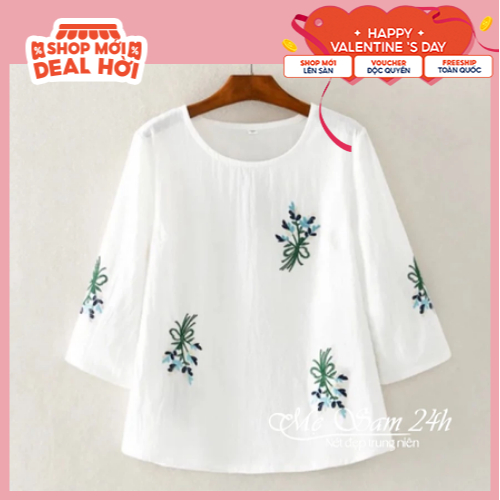 Áo nữ thêu hoa trung niên cổ tròn tay lỡ Mẹ Sam 24h form rộng rãi thoải mái chất liệu đũi mềm nhẹ mát AKH.54 | BigBuy360 - bigbuy360.vn