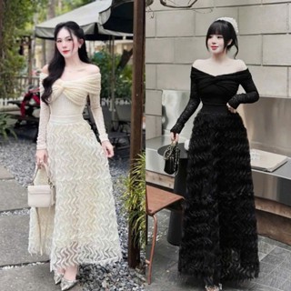 BIGSIZE HIẾU HIẾU (55-95KG) - Set thời trang nữ sang chảnh Áo ren trễ vai tay dài + Chân váy voan tầng dáng dài S486