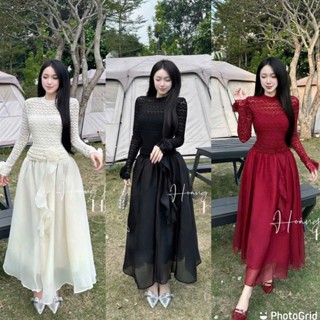 Đầm đi chơi đi tiệc chất len ren phối tùng tơ cổ tròn tay dài đính bông dáng xòe dài maxi mặc tôn dáng
