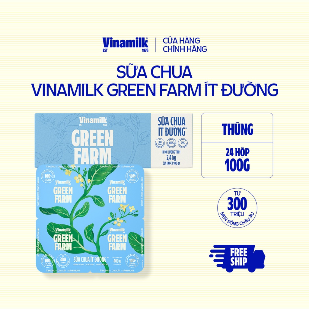 [CHỈ GIAO HCM+HN] Thùng 24 hộp Sữa chua ăn Vinamilk Green Farm Ít Đường Hộp 100g