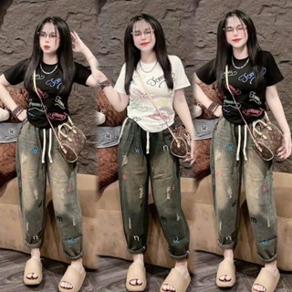  Sét bộ thiết kế nữ tiểu thư năng động sét jean QC thêu chữ áo thun tay ngắn phối quần BAGGY kiểu màu bụi siêu cá tính 
