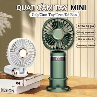 Quạt Cầm Tay Mini nhỏ gọn gấp gọn được Với 5 Tốc độ Gió, Xoay 90 độ, đèn LED Hiển Thị Dây đeo Cổ 10000mAh Và Sạc Nhanh