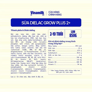 (HSD T11-2027) (Có Tích Điểm) Sữa Bột Dielac Grow Plus 2+ HT 850g (Sữa Non) (Cho Trẻ Từ 2 - 10 Tuổi)