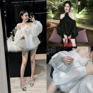 [A0.164] Áo Trễ Vai Tơ Óng Tay Bồng Cổ Yếm Kèm Hoa 2 Màu Siêu Xinh 2 Lớp