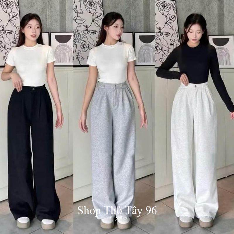  Quần NỈ ÉP 2 DA ỐNG RỘNG nữ màu Đen Trắng Xám vải nỉ mềm mịn không xù co giãn nhẹ có túi nữ đi học công sở thể thao 