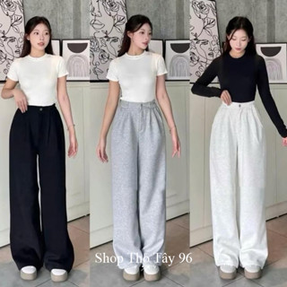  Quần NỈ ÉP 2 DA ỐNG RỘNG nữ màu Đen Trắng Xám vải nỉ mềm mịn không xù co giãn nhẹ có túi nữ đi học công sở thể thao 