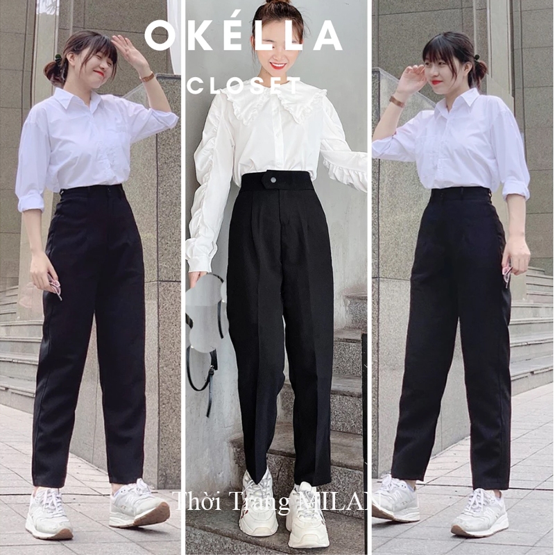 (Dài 88-103cm)Quần tây đi học nữ cạp cao khóa giữa - Quần vải học sinh nữ đáy cao dày mềm phối áo sơ mi đẹp