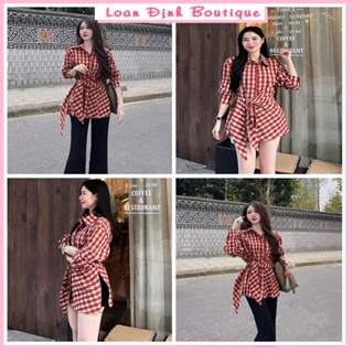 Áo Sơ Mi Kẻ Đỏ Thiết Kế Buộc Vạt Chéo Đơn Giản Basic Áo Nữ Top Women Loan Định Boutique LD132