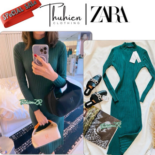 (Chính hãng size S)Váy midi ZARA  body thu dài tay màu xanh cổ vịt(kèm ảnh thật)